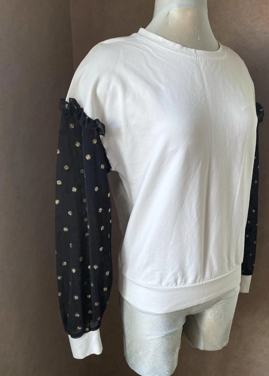 Suéter Rinascimento tamanho 36 branco mangas de voile preto com pontos dourados – chique e original – photo 5